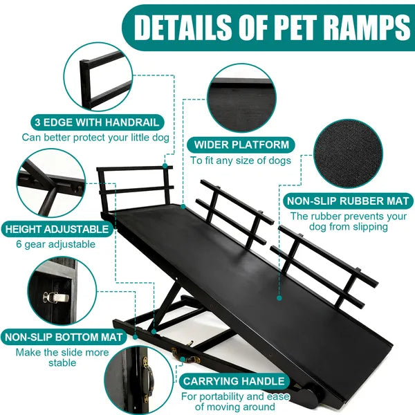 Adjustable Dog Ramp for Bed or Couch – Foldable Wooden Pet Ramp with Non-Slip Rubber Surface & Removable Safety Rails, Up to 200 lbs