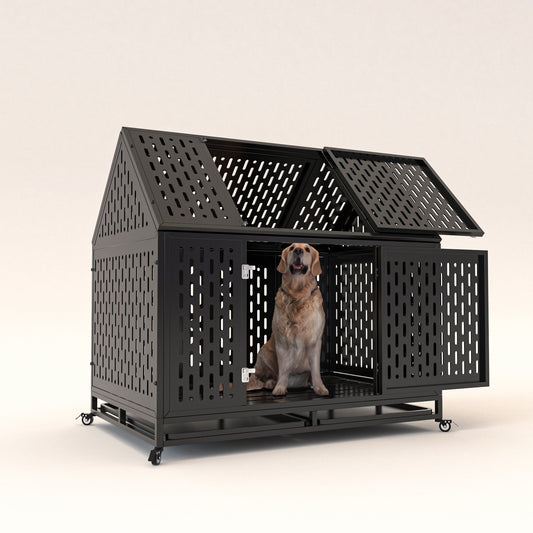 Heavy Duty Dog Crate with Roof Top, 2 Doors, Lockable Wheels, Escape-Proof, for Large/Extra Dogs