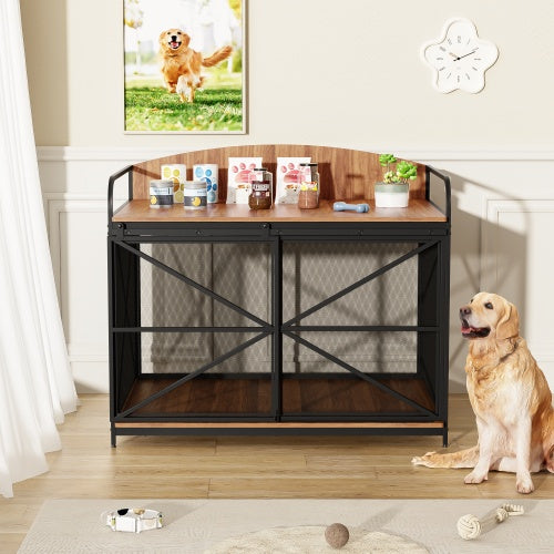 42.8" Heavy Duty Large Dog Crate Furniture – Farmhouse Wooden Dog Kennel with Sliding Barn Door, End Table Design for Large Dogs