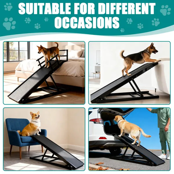 Adjustable Dog Ramp for Bed or Couch – Foldable Wooden Pet Ramp with Non-Slip Rubber Surface & Removable Safety Rails, Up to 200 lbs