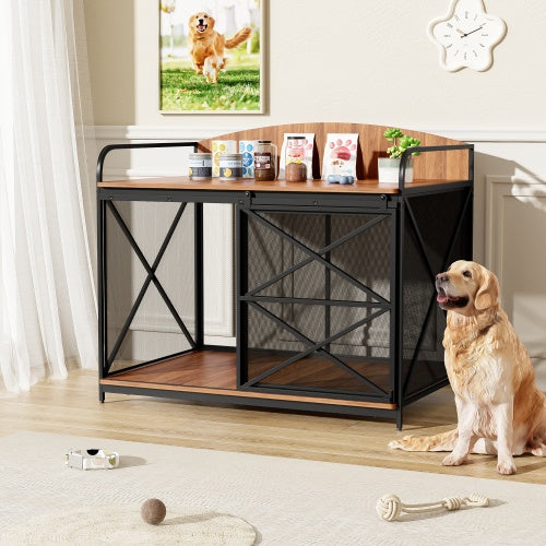 42.8" Heavy Duty Large Dog Crate Furniture – Farmhouse Wooden Dog Kennel with Sliding Barn Door, End Table Design for Large Dogs