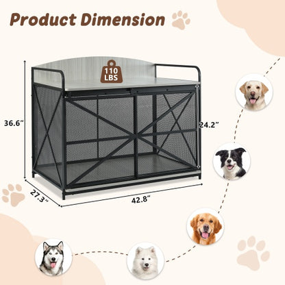 42.8" Heavy Duty Large Dog Crate Furniture – Farmhouse Wooden Dog Kennel with Sliding Barn Door, End Table Design for Large Dogs