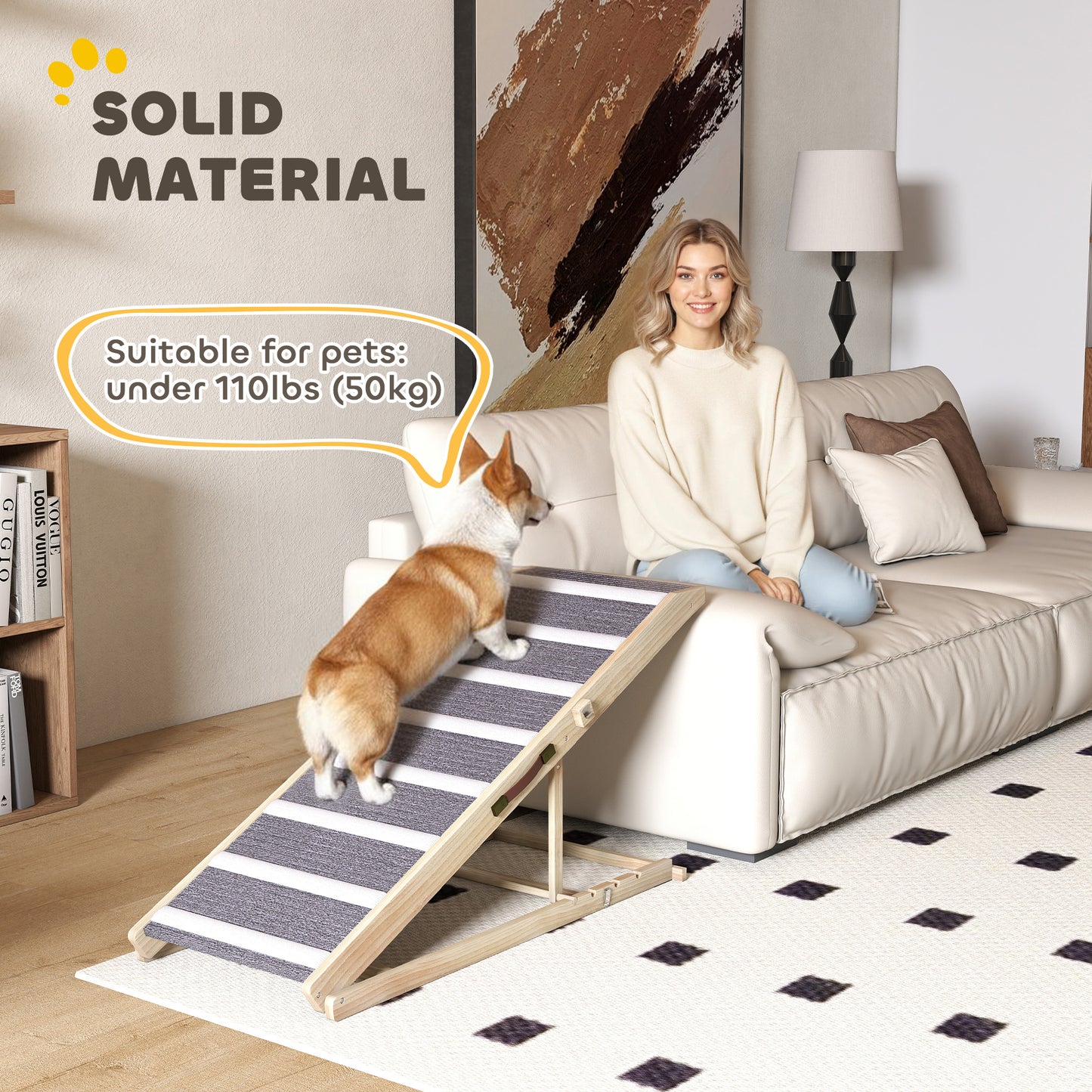 adjustable Pet Ramp – Foldable, High-Traction Carpet, Solid Pine Wood, 4 Adjustable Heights, Perfect for Couch, Beds, Cars, Supports Pets Up to 110 lbs