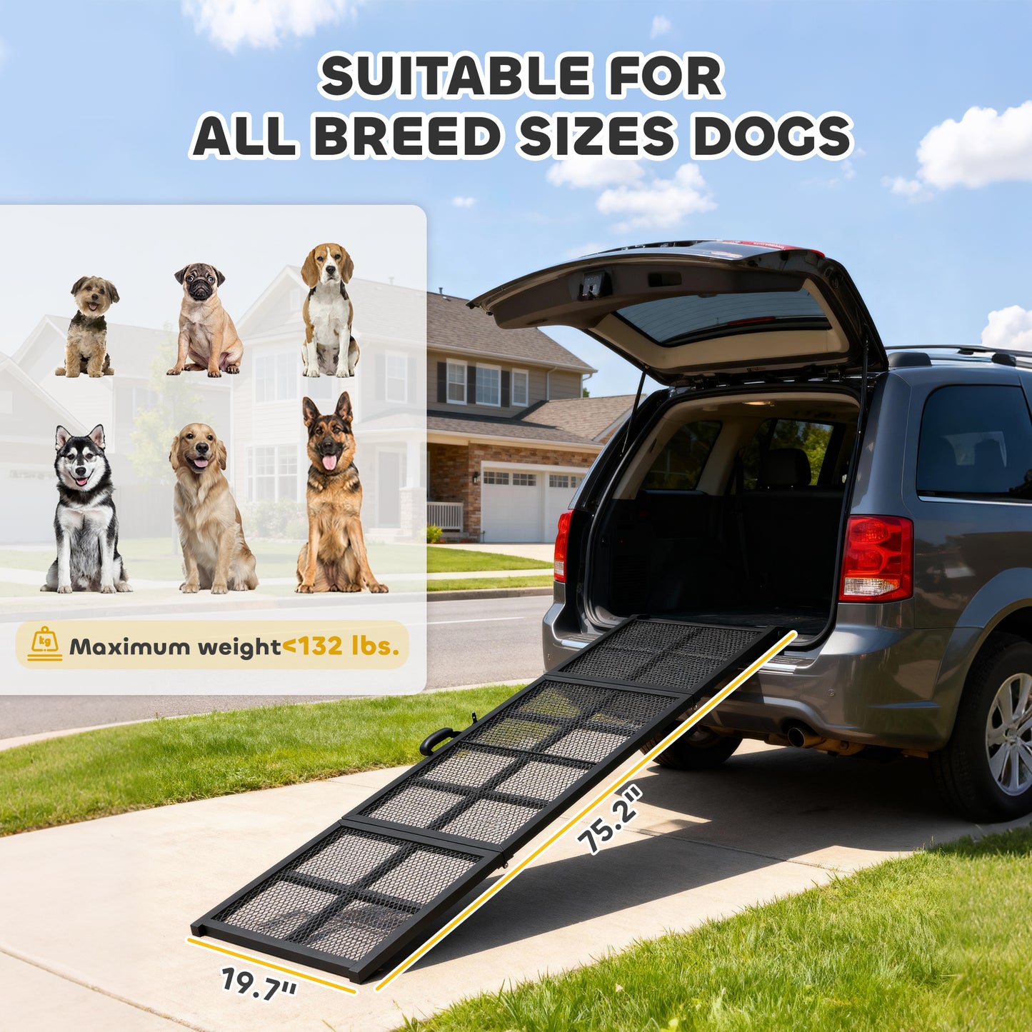 Dog Car Ramp – Heavy Duty Steel, Extra Wide, 75.2" Long, Non-Slip, Folding, Supports Up to 132 lbs, Easy Access for Cars, Trucks & SUVs