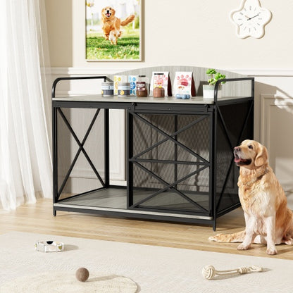42.8" Heavy Duty Large Dog Crate Furniture – Farmhouse Wooden Dog Kennel with Sliding Barn Door, End Table Design for Large Dogs