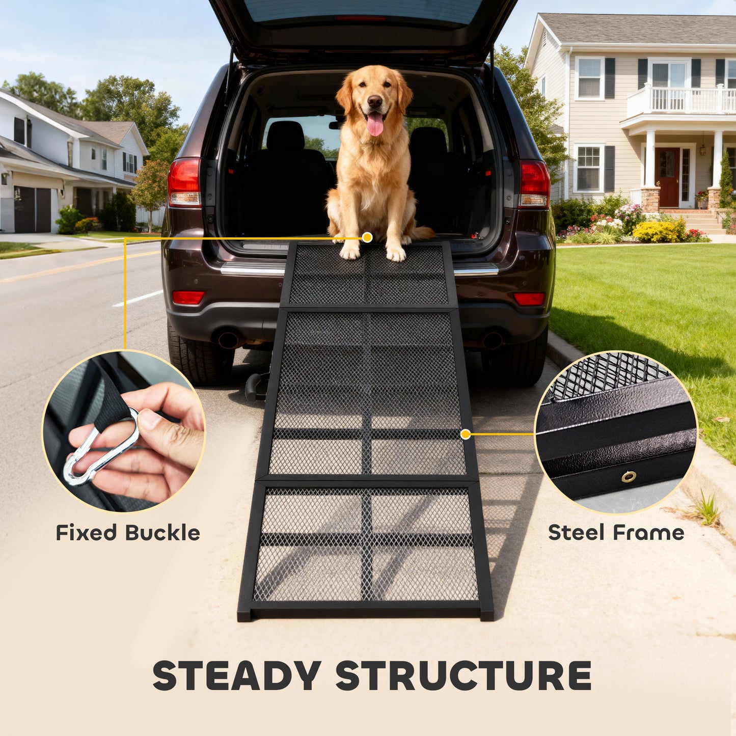 Dog Car Ramp – Heavy Duty Steel, Extra Wide, 75.2" Long, Non-Slip, Folding, Supports Up to 132 lbs, Easy Access for Cars, Trucks & SUVs