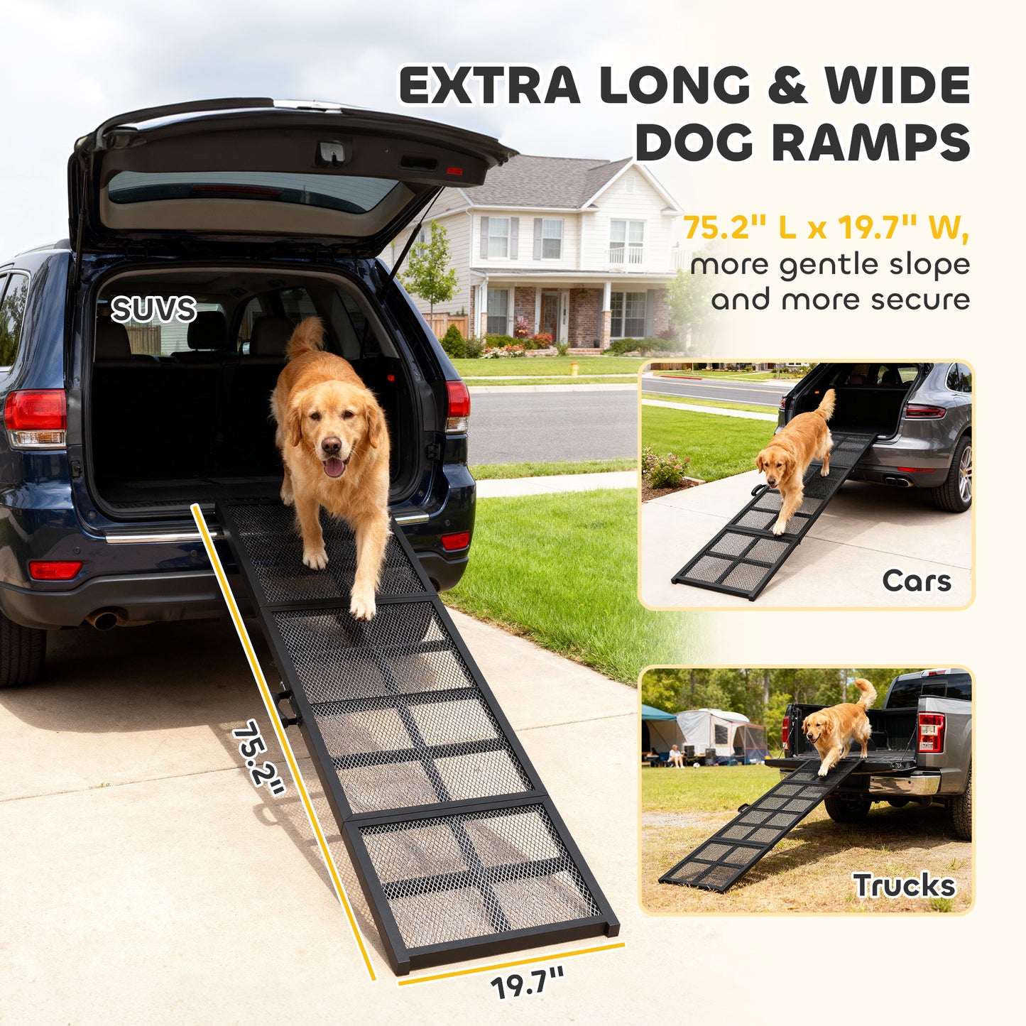 Dog Car Ramp – Heavy Duty Steel, Extra Wide, 75.2" Long, Non-Slip, Folding, Supports Up to 132 lbs, Easy Access for Cars, Trucks & SUVs