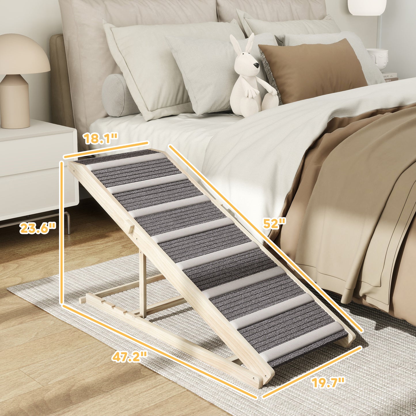 adjustable Pet Ramp – Foldable, High-Traction Carpet, Solid Pine Wood, 4 Adjustable Heights, Perfect for Couch, Beds, Cars, Supports Pets Up to 110 lbs