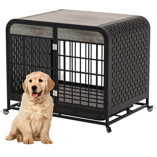 Heavy Duty Dog Crate Furniture with Removable Tray & Lockable Wheels for Small Dogs (33” Grey)