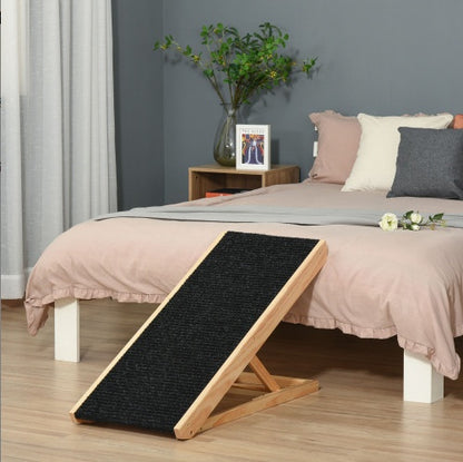 Adjustable Wooden Dog Ramp for Bed or Couch – Foldable Pet Ramp with Non-Slip Carpet Surface, Indoor/Outdoor Use, Pine Wood Frame