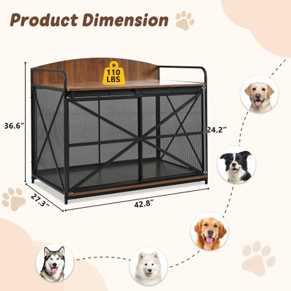 42.8" Heavy Duty Large Dog Crate Furniture – Farmhouse Wooden Dog Kennel with Sliding Barn Door, End Table Design for Large Dogs